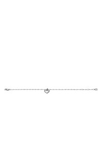 Bracelet en chaîne argentée avec un petit pendentif en forme de cœur ouvert, des maillons texturés et une fermeture à clip en forme de homard.