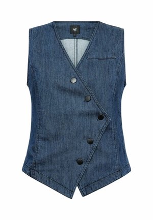 Tume sinine teksavest ümberpööratava disainiga, millel on kuus musta nööpi ja üks tasku vasakul rinnal. Sile tekstuur.