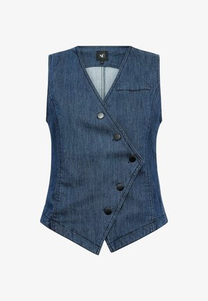 Džínová vesta tmavomodrej farby s prekladaným dizajnom, obsahuje šesť čiernych gombíkov a jednu kapsu na ľavej strane na hrudi. Hladká textúra.