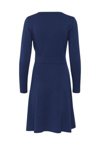 Navy blue long-sleeve dress with a fitted bodice and flared skirt. Smooth texture, simple design, and a crew neckline.