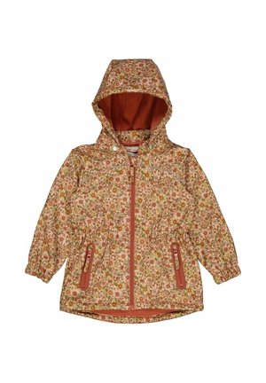 Kinder-Kapuzensweatjacke mit floralem Muster in Erdtönen, Frontreißverschluss, elastische Bündchen und zwei vordere Reißverschlusstaschen.