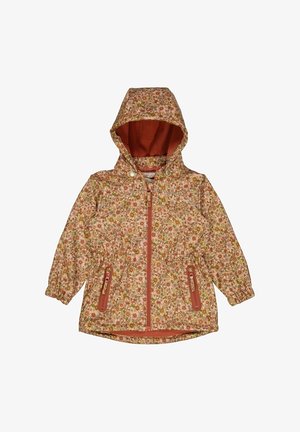 Dziecięca kurtka z kapturem z kwiatowym wzorem w ziemistych kolorach, z przodu zamek błyskawiczny, elastyczne mankiety i dwie przednie kieszenie na zamek.