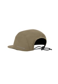Khaki rain hat with a curved brim, elastic drawstring, and “BOILER ROOM” logo in silver. Smooth, water-resistant material.