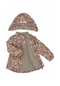 Jasje met bloemmotief in bruin en crème. Heeft een zachte, met fleece gevoerde binnenkant en een afneembare capuchon met drukknopen en elastische rand.