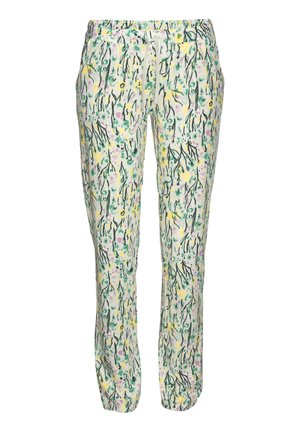 Pantaloni a fantasia floreale con elastico in vita e cordoncino. Presentano tonalità di verde, giallo e rosa su sfondo bianco.