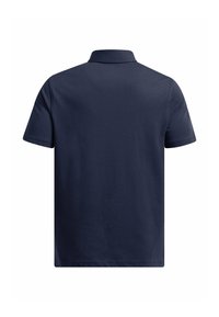 Marineblaues Poloshirt mit klassischem Kragen und kurzen Ärmeln; glatter Baumwollstoff, schlichtes Rückendesign ohne Muster oder Logos.