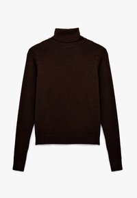 Brauner Rollkragenpullover aus weichem Material. Verfügt über einen gerippten Kragen, Manschetten und Saum, mit einer glatten Textur und einer figurbetonten Silhouette.