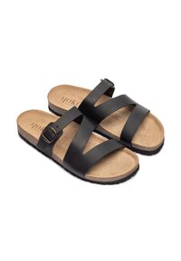 Black leather sandals with three wide straps, a buckle detail, and a cork footbed. Textured rubber sole for grip.