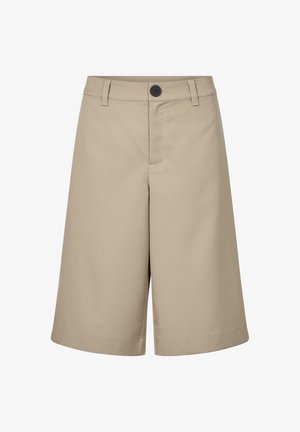 Beige maßgeschneiderte Shorts mit gerader Silhouette, ausgestattet mit einem Frontknopf und einem Reißverschluss, Seitentaschen und glattem Stoff.