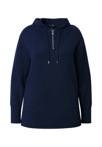 Mörkblå stickad hoodie med halvdold dragkedja fram, ribbad textur på axlarna, justerbar huva och långa ärmar, med en avslappnad passform.