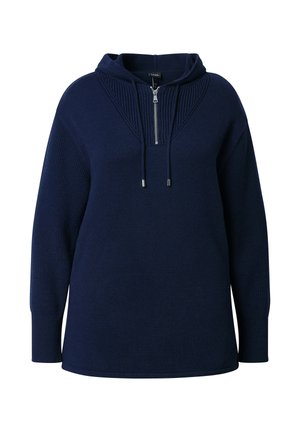 Felpa a maglia blu navy con zip a metà davanti, texture a coste sulle spalle, cappuccio con cordino e maniche lunghe, caratterizzata da una vestibilità rilassata.