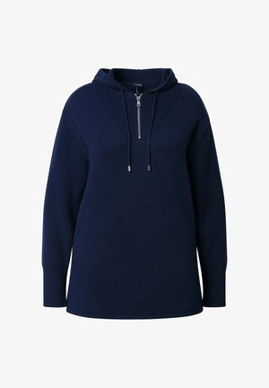 Navyblauwe gebreide hoodie met een halve rits aan de voorkant, geribbelde textuur op de schouders, capuchon met trekkoord en lange mouwen, met een ontspannen pasvorm.
