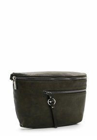 Dark olive green leather waist bag with two horizontal silver zippers and a decorative strap with a silver ring on the front pocket.