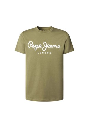 Tricou din bumbac de culoare verde măsliniu, cu decolteu rotund și mâneci scurte, având inscripția "Pepe Jeans LONDON" în alb, scris cu litere cursive.