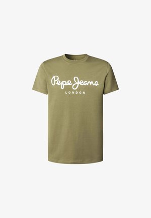 Olíva zöld pamut póló kerek nyakkivágással és rövid ujjal, amelyen nagy betűkkel látható a "Pepe Jeans LONDON" fehér írásban.