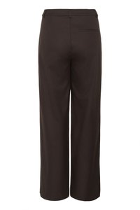Brown tailored trousers with a wide-leg design. Features a mid-rise waist, a single back pocket, and smooth fabric texture.