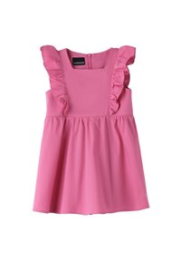 Rosa ärmelloses Kleid mit Rüschendetails an den Schultern, quadratischem Ausschnitt und schwingendem Rock. Das Material sieht glatt und leicht aus. Mit Reißverschlussverschluss hinten.