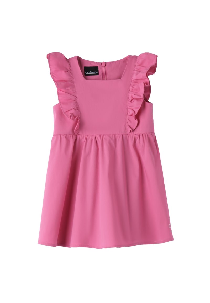 Rosa ärmelloses Kleid mit Rüschendetails an den Schultern, quadratischem Ausschnitt und schwingendem Rock. Das Material sieht glatt und leicht aus. Mit Reißverschlussverschluss hinten.