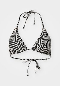 Svart og hvit bikini-top med et geometrisk stripemønster, trekantede kopper og justerbare knytninger i nakken og på ryggen. Detaljer i gulltone.