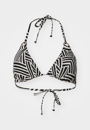 Schwarzer und weißer Bikini-Oberteil mit einem geometrischen Streifenmuster, dreieckigen Cups und verstellbaren Bindebändern im Nacken und am Rücken. Akzente in goldfarbener Hardware.