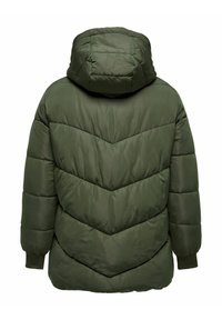 Žalias pūkinis švarkas su chevrono siuvinėjimu, turintis gobtuvą ir raukšlėtus rankogalius. Pagamintas iš glotnaus, lengvo audinio.