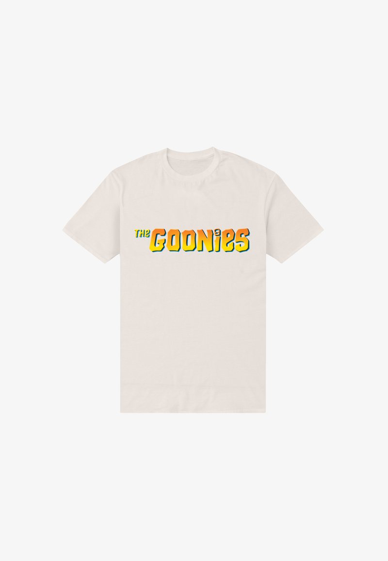Beige T-shirt med korte ærmer med "The Goonies" tekstlogo i fed, orange og gule bogstaver centreret på fronten.