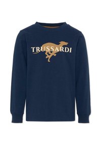 Chemise à manches longues bleu marine en coton, ornée d'une silhouette de lévrier dorée et du texte "TRUSSARDI" en crème sur la poitrine.