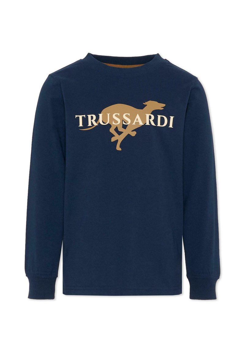 Chemise à manches longues bleu marine en coton, ornée d'une silhouette de lévrier dorée et du texte "TRUSSARDI" en crème sur la poitrine.