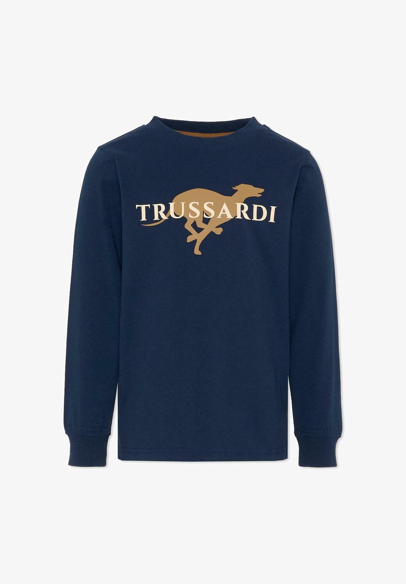 Chemise à manches longues bleu marine en coton, ornée d'une silhouette de lévrier dorée et du texte "TRUSSARDI" en crème sur la poitrine.