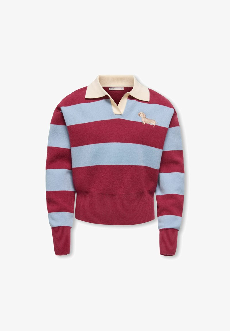 Pull à manches longues avec larges rayures horizontales bordeaux et bleu clair, col crème, et petit chien brodé sur la poitrine.