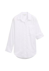 Weißes Langarmshirt aus leichtem Stoff. Verfügt über einen klassischen Kragen, eine durchgehende Knopfleiste und eine Brusttasche. Die Ärmel sind gerollt.