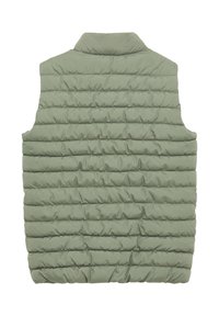Padded vest w jasnym zielonym kolorze, z wysokim kołnierzem i pikowanym wzorem z poziomym przeszyciem. Bez rękawów ani otwarcia z przodu.