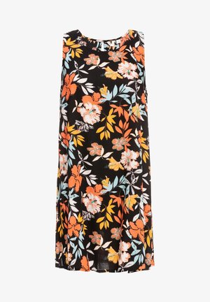 Robe noire sans manches avec un motif floral et de feuilles aux couleurs vives orange, jaune, blanc et bleu clair.