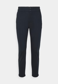 Marinblå skräddarsydda byxor i ett slätt tyg, med två knappstängningar, sidofickor och uppvikta fyllda fållar för en exklusiv look.