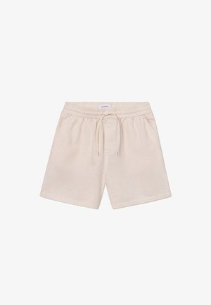 Pantaloni corti beige con vita elasticizzata e cordoncino, caratterizzati da una texture liscia e un design semplice. Senza tasche o dettagli hardware visibili.