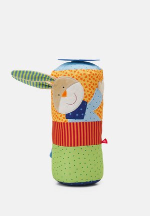 Colorful stuffed rabbit with an orange, blue, and green patchwork design. Features distinct patterns, a round head, and floppy ears.