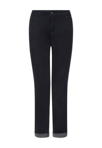 Jeans blu scuro con un design a gamba dritta, caratterizzati da un orlo arrotolato, tasche frontali e sottili accenti di cucitura arancione.