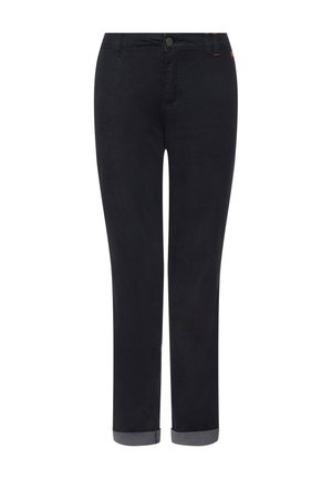 Tumma siniset farkut suoran lahkeen muotoilulla, joissa on käännetty helma, etutaskut ja huomaamattomat oranssit ompeleet.