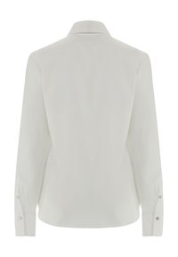 White long-sleeve shirt featuring a collared neck, straight hem, and buttoned cuffs. Smooth texture with a minimalistic design.