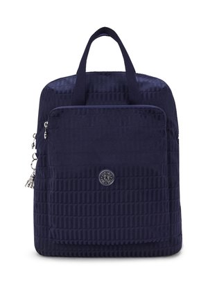 Navy blue nylon backpack with a textured pattern, featuring a front zip pocket, two top handles, and a circular logo detail.