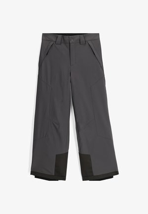 Grijze skibroek van waterdicht materiaal, met een rechte pasvorm, hoge taille met knop en zwarte gestructureerde accenten bij de boorden.