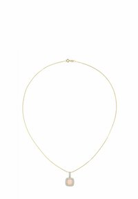 Zlata verižica z obeskom v obliki kvadrata, v katerem je svetlo rožnati kamen, obdan z majhnimi prozornimi dragimi kamni. Eleganten in nežen dizajn.