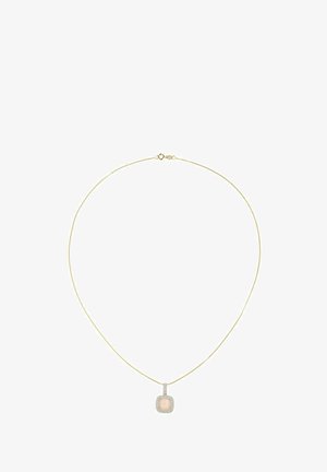 Naszyjnik z łańcuszkiem w kolorze złota z kwadratowym wisiorkiem, na którym umieszczony jest jasnoróżowy kamień otoczony małymi, przezroczystymi kamieniami szlachetnymi. Elegancki i delikatny design.