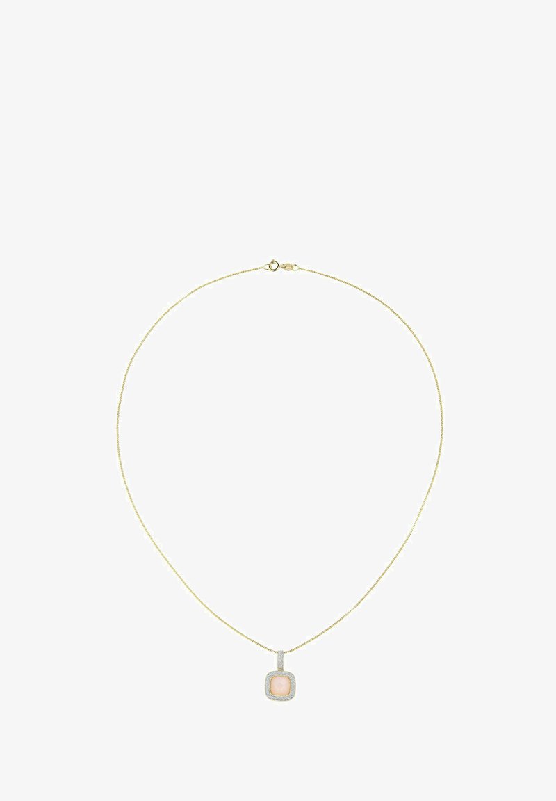 Zlata verižica z obeskom v obliki kvadrata, v katerem je svetlo rožnati kamen, obdan z majhnimi prozornimi dragimi kamni. Eleganten in nežen dizajn.