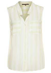 Blusa senza maniche a righe giallo chiaro e bianco. Presenta una chiusura con bottoni, due tasche sul petto e un tessuto morbido e leggero.