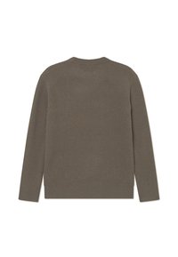 Khaki ribbad tröja med l�ånga ärmar, rund hals, mjuk textur och en åtsittande nederkant. Baksidan har en enkel design utan dekorationer.