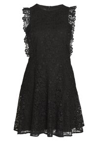 Musta pitsimekko, jossa on aaltoileva kaula-aukko, ilman hihoja, kukkakuosi ja levenevä hame, joka on viimeistelty tekstuurilla.