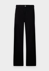 Black cotton trousers with a straight leg design, featuring a front button closure and no visible patterns or accents.