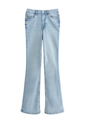 Jeans in denim azzurro chiaro a gamba larga con vita a media altezza, quattro tasche e leggera sfumatura. L'orlo presenta un leggero svaso nella parte inferiore.