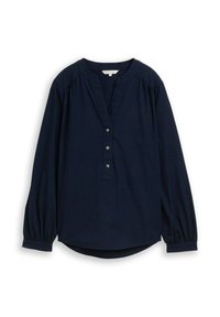 Blusa blu navy a maniche lunghe con scollo a V, dettagli con bottoni, spalle arricciate e orlo curvo; realizzata in tessuto strutturato.